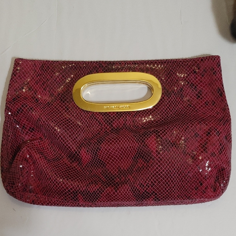 Pristine Michael Kors Pink/Black Snake Print Clutch - Picture 3 of 4